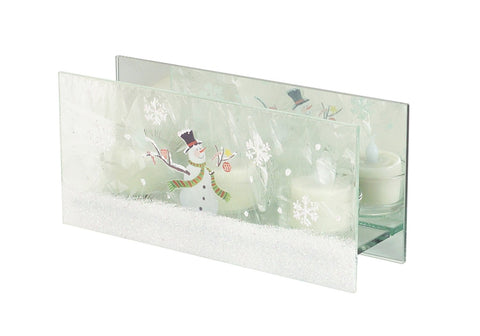 Candelero de cristal con figuras de hombre de nieve  de 8 x 4" (20.3 cm x 10.1 cm) - Eugenia's Decoracion y Regalos